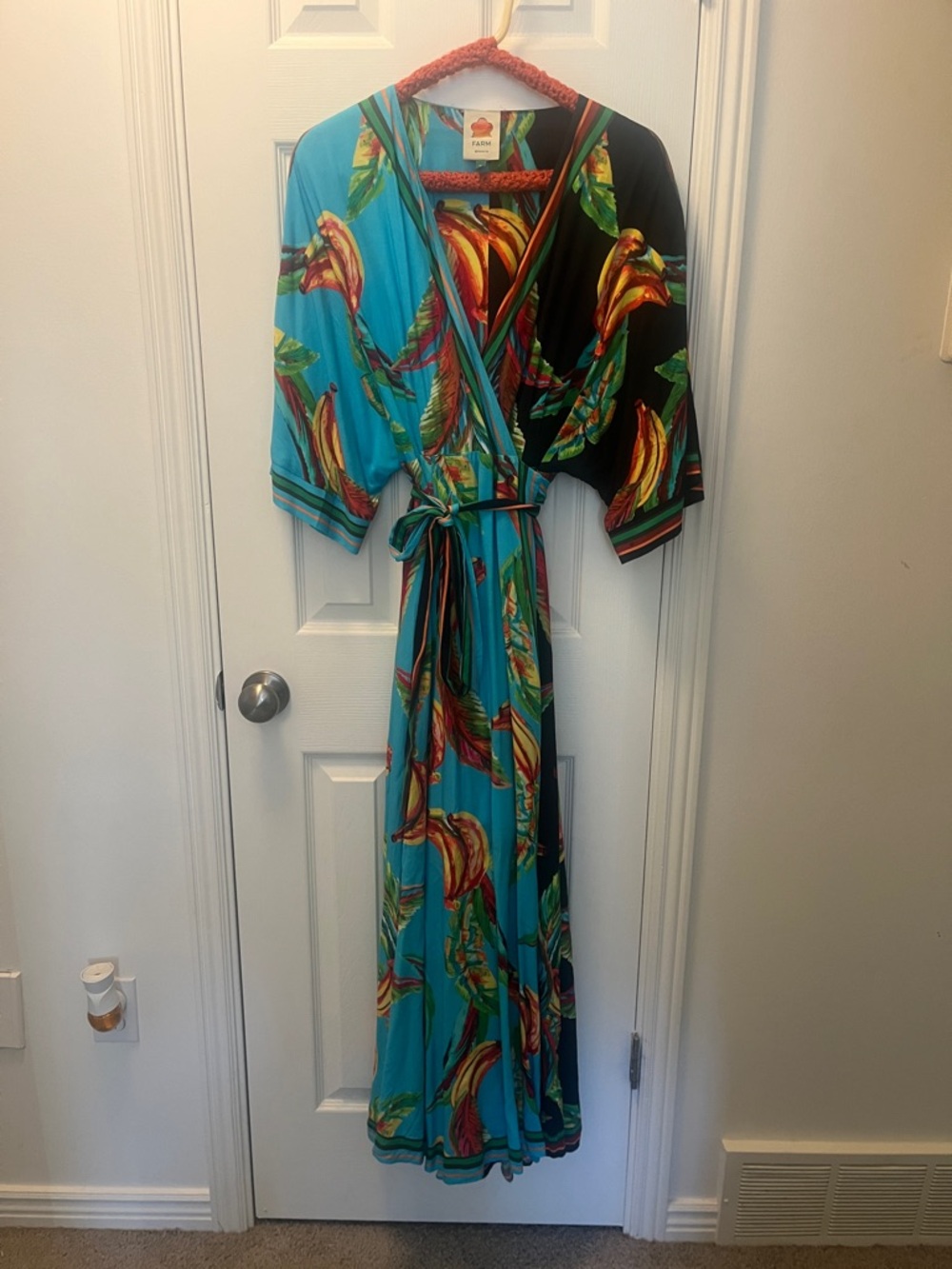 FARM Rio Turquoise & Black Tropical Banana Print Maxi Dress